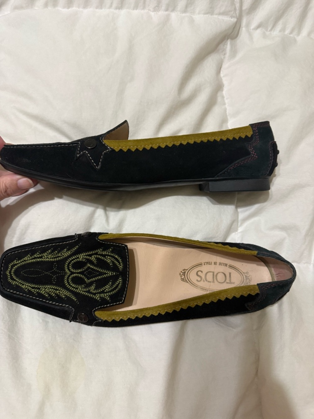 Tod's Black Suede Loafers with Olive Embroidery and Mustard Trim 40 10 - Picture 5 of 10